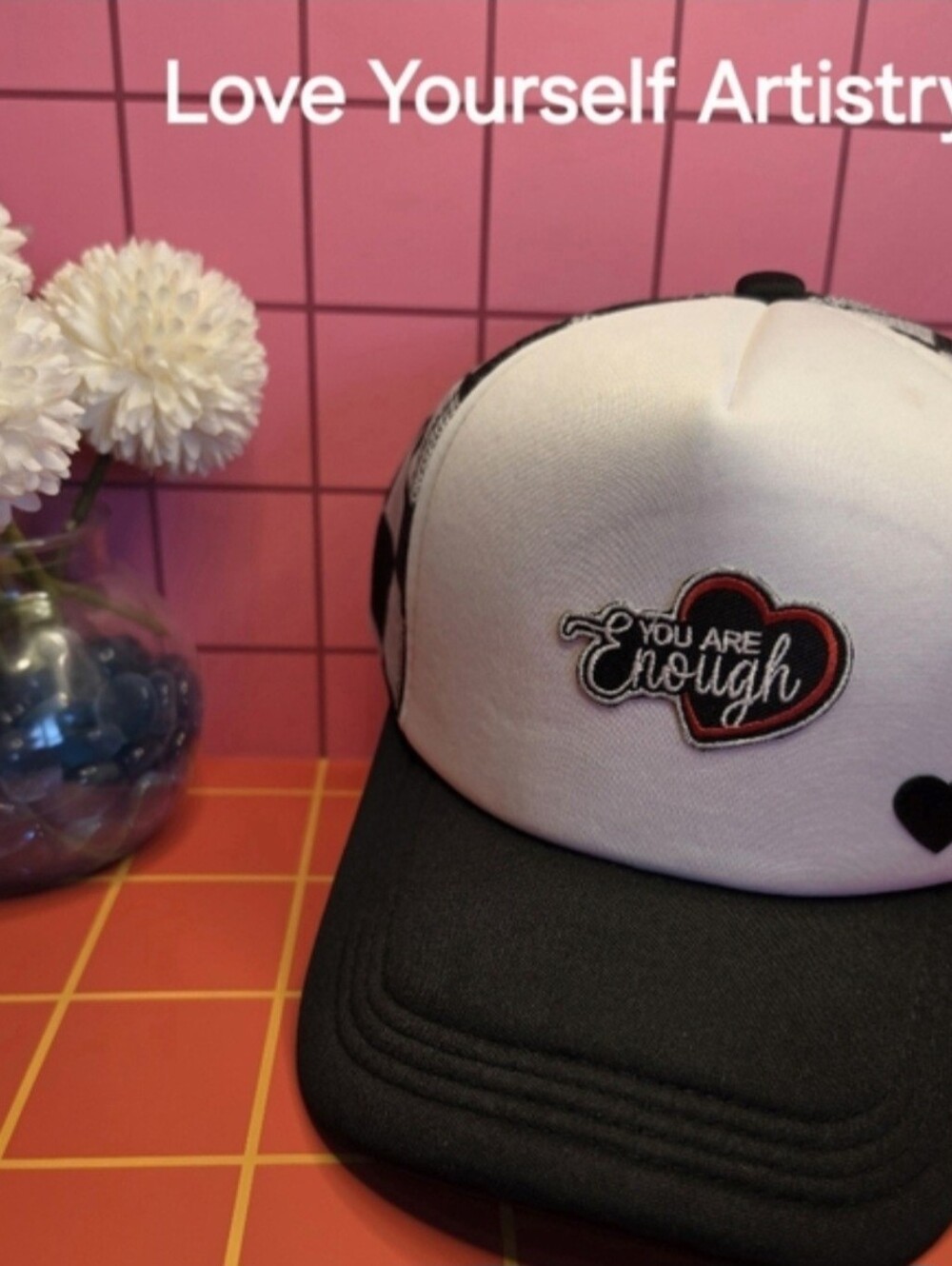 90s Inspired "You Are Enough" Black White Checkered Trucker Hat Snapback